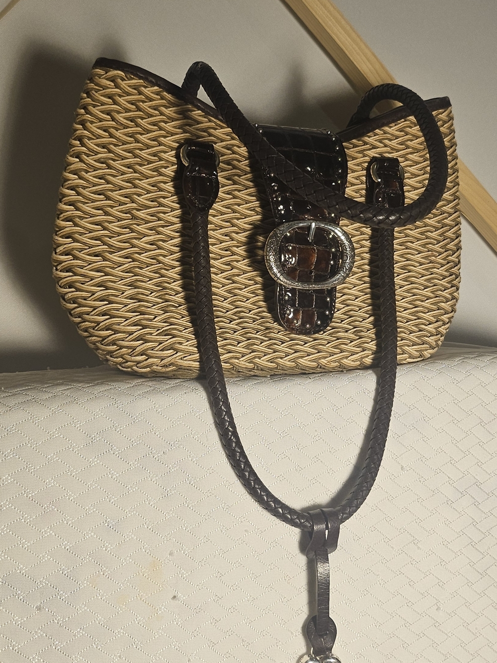 Woven Straw Tote with Dark Brown Trim